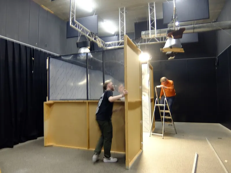 Elevator plans · set walls · two-way mirror · camera shooting in