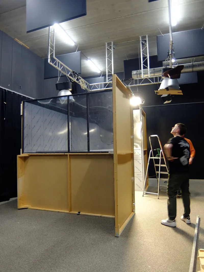 Elevator plans · set walls · two-way mirror · camera shooting in