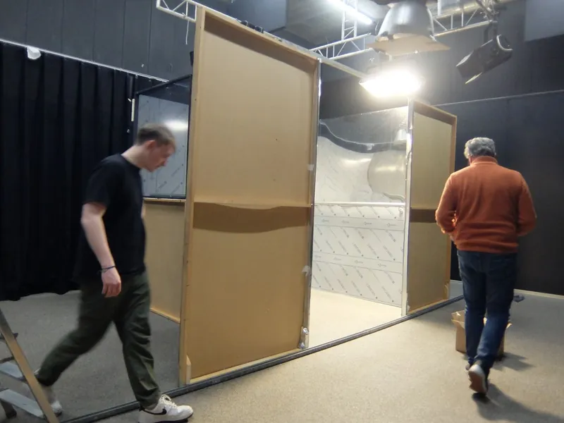 Elevator plans · set walls · two-way mirror · camera shooting in