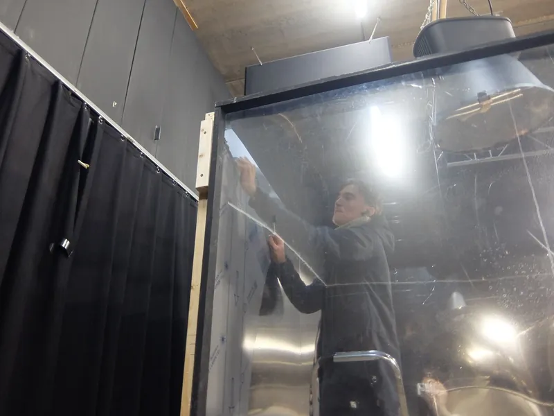 Elevator plans · set walls · two-way mirror · camera shooting in