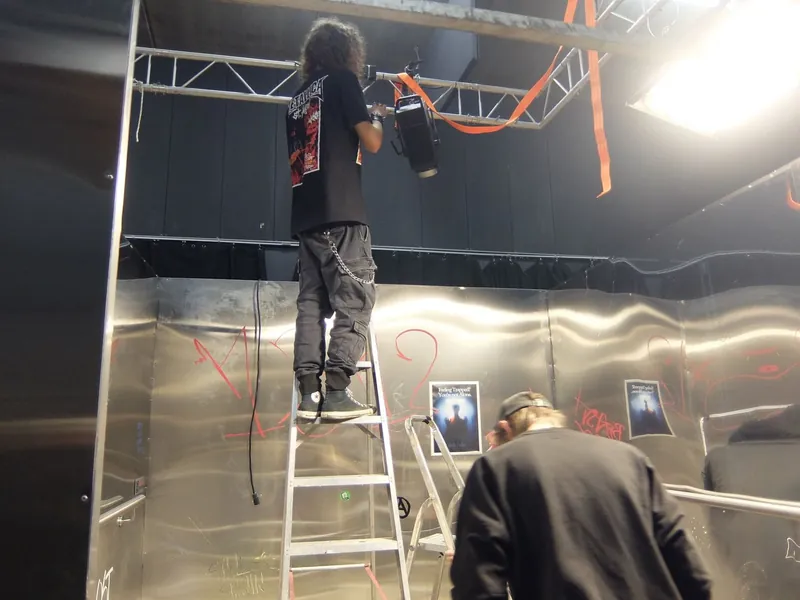 Elevator plans · set walls · two-way mirror · camera shooting in