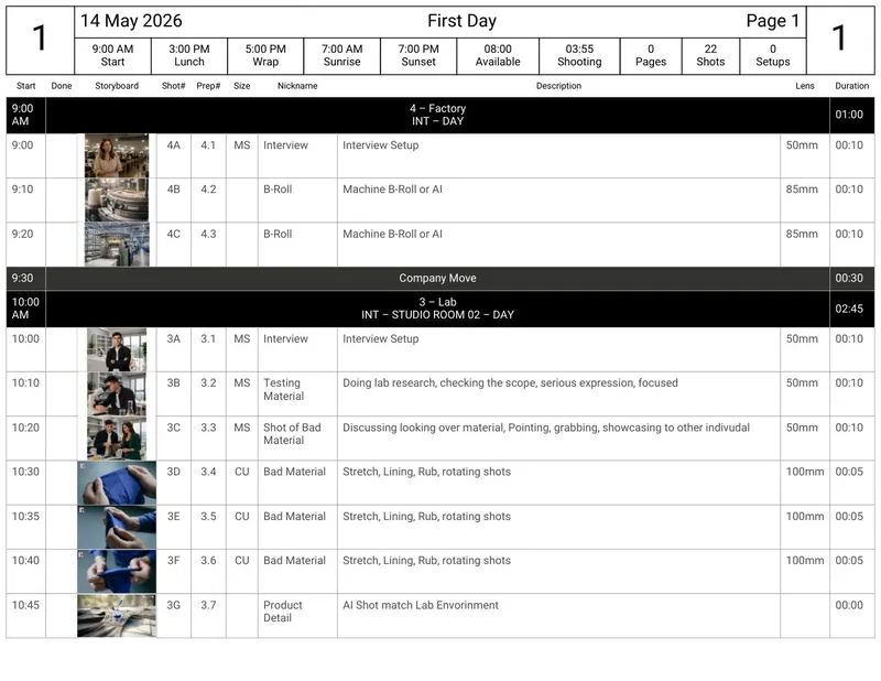 Shot list · shot index · shooting schedule