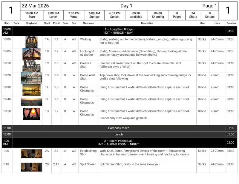 Shot lists · schedule · location route · sun path & weather