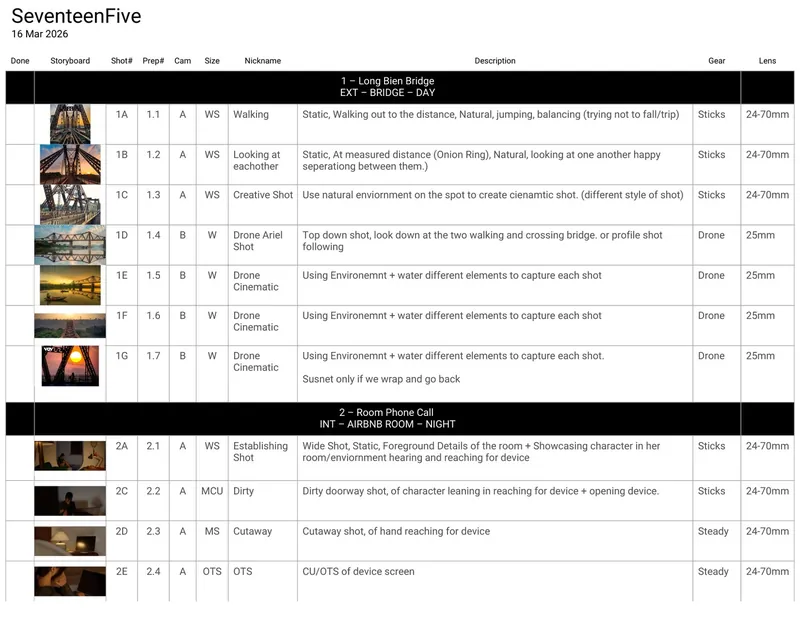 Shot lists · schedule · location route · sun path & weather