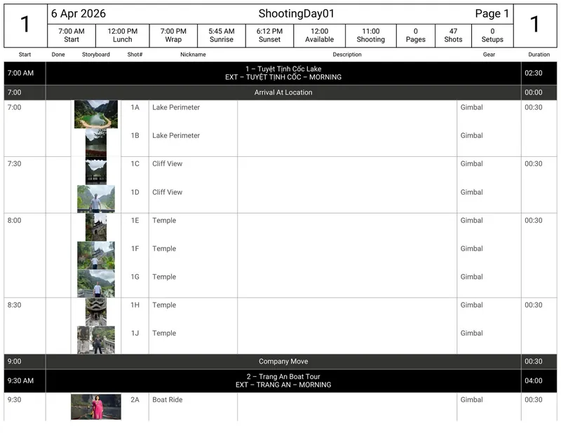 Shooting schedule
