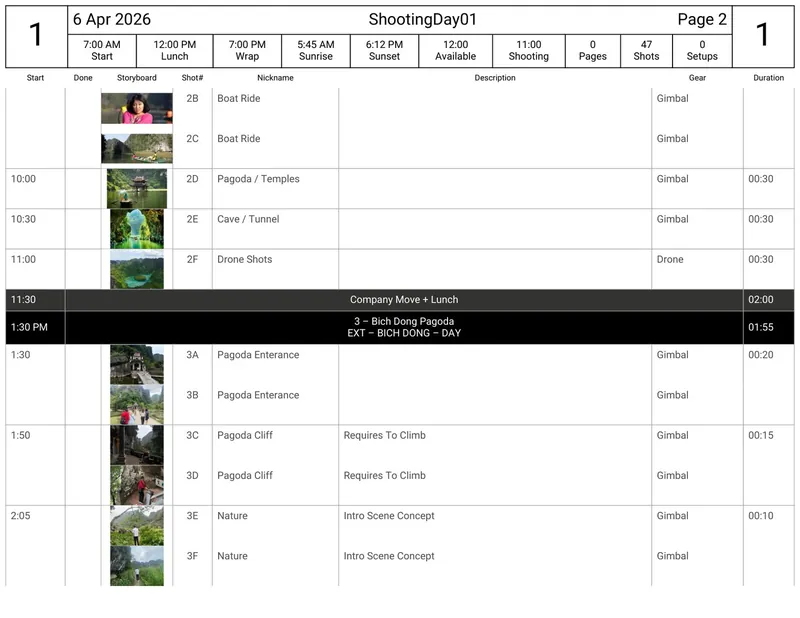 Shooting schedule