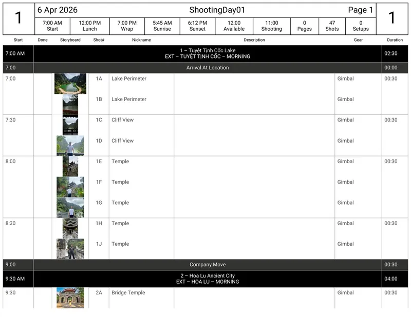 Shooting schedule